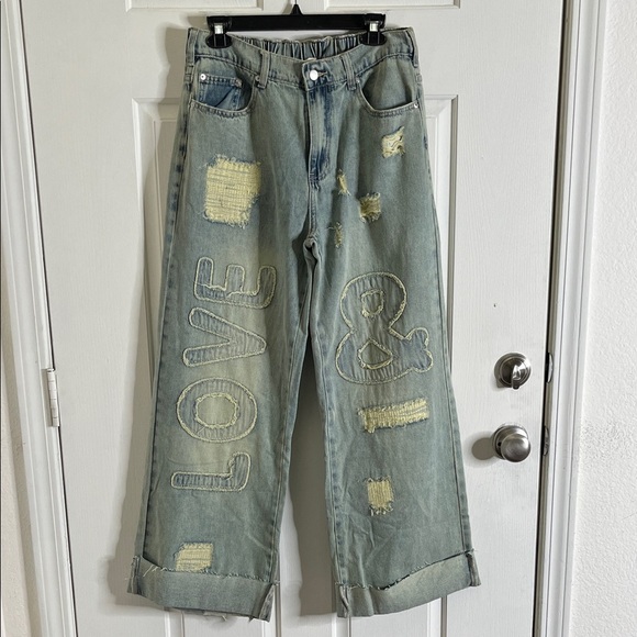 Oli & Hali Love Patch Wide Leg Baggy Denim Pants size Large Boho Distressed NWOT - Picture 4 of 13
